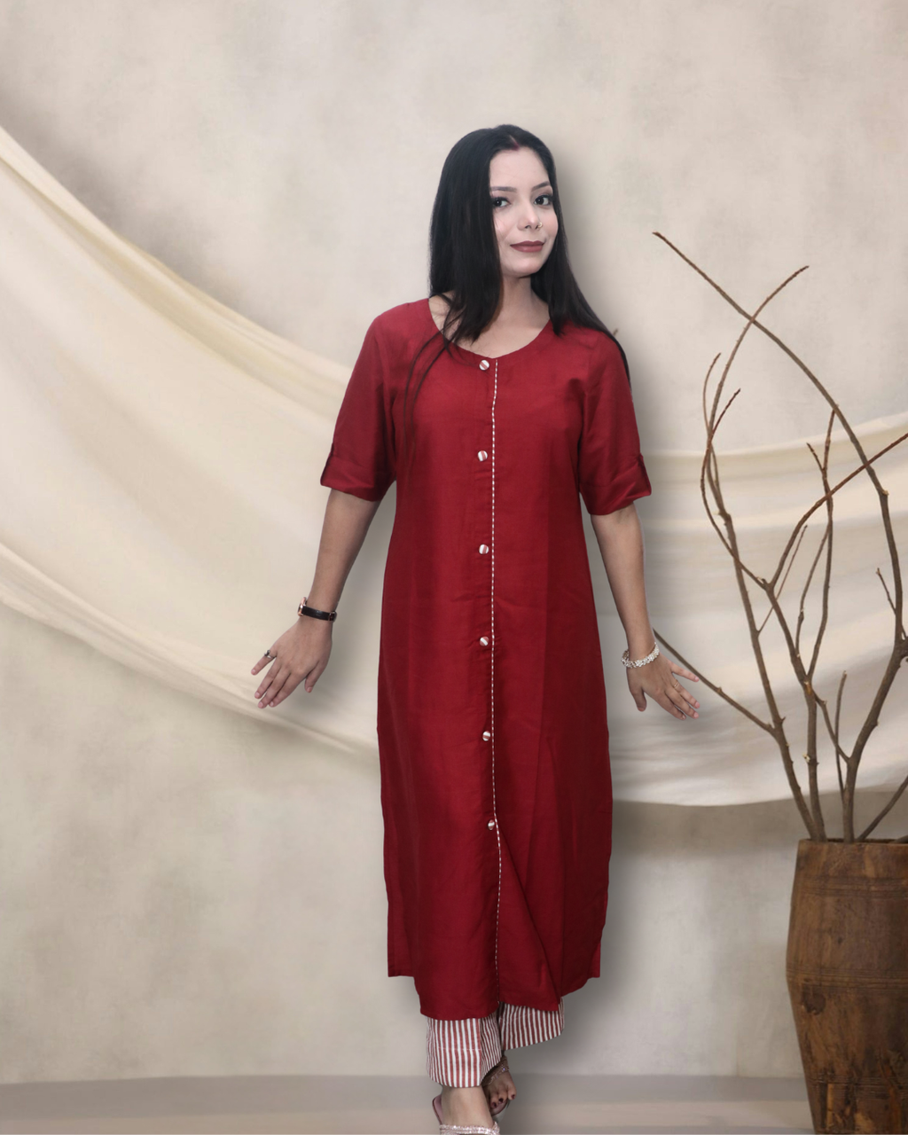 Maroon Camcrib Cotton with Linen Pant kurta set