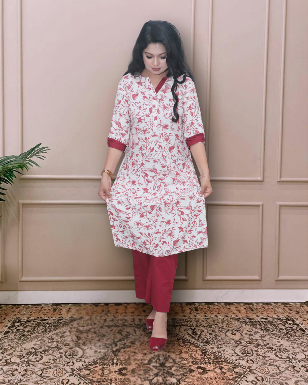 Off-White and Maroon Printed Cotton Kurta Set