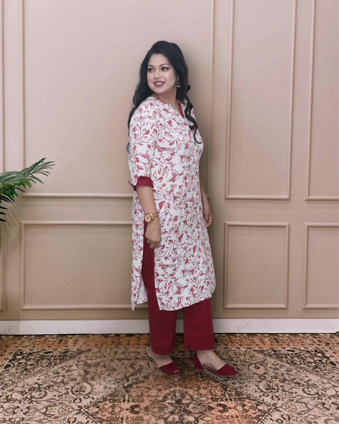 Off-White and Maroon Printed Cotton Kurta Set