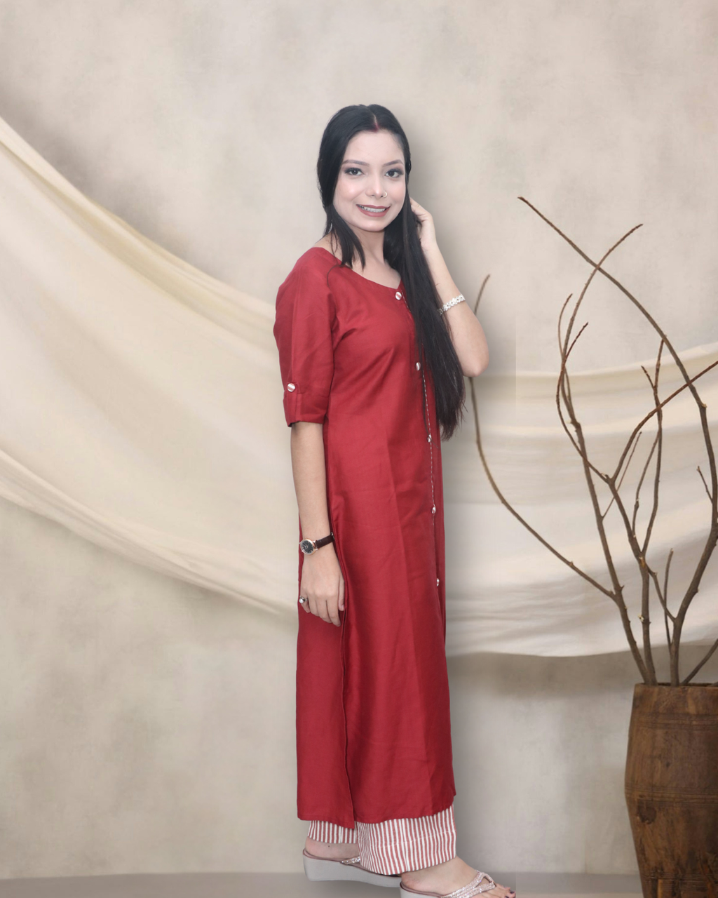 Maroon Camcrib Cotton with Linen Pant kurta set