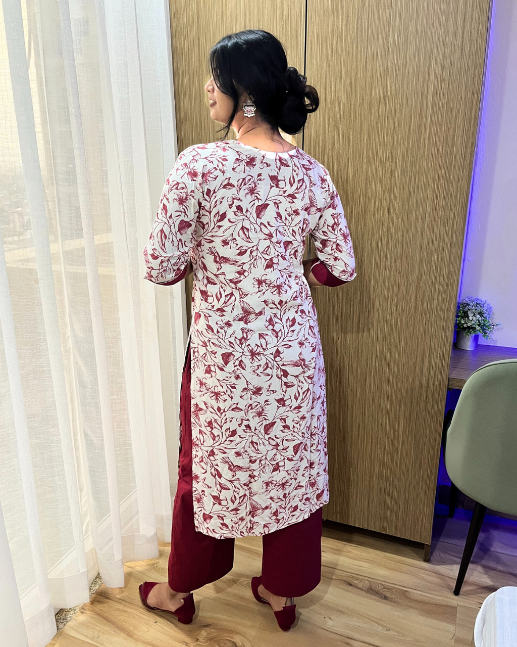 Off-White and Maroon Printed Cotton Kurta Set