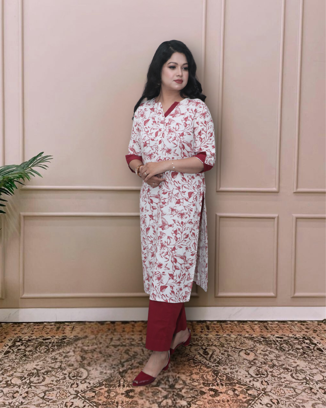 Off-White and Maroon Printed Cotton Kurta Set
