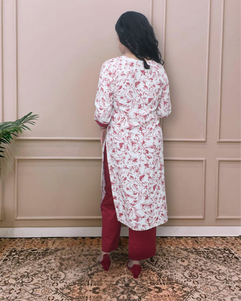 Off-White and Maroon Printed Cotton Kurta Set