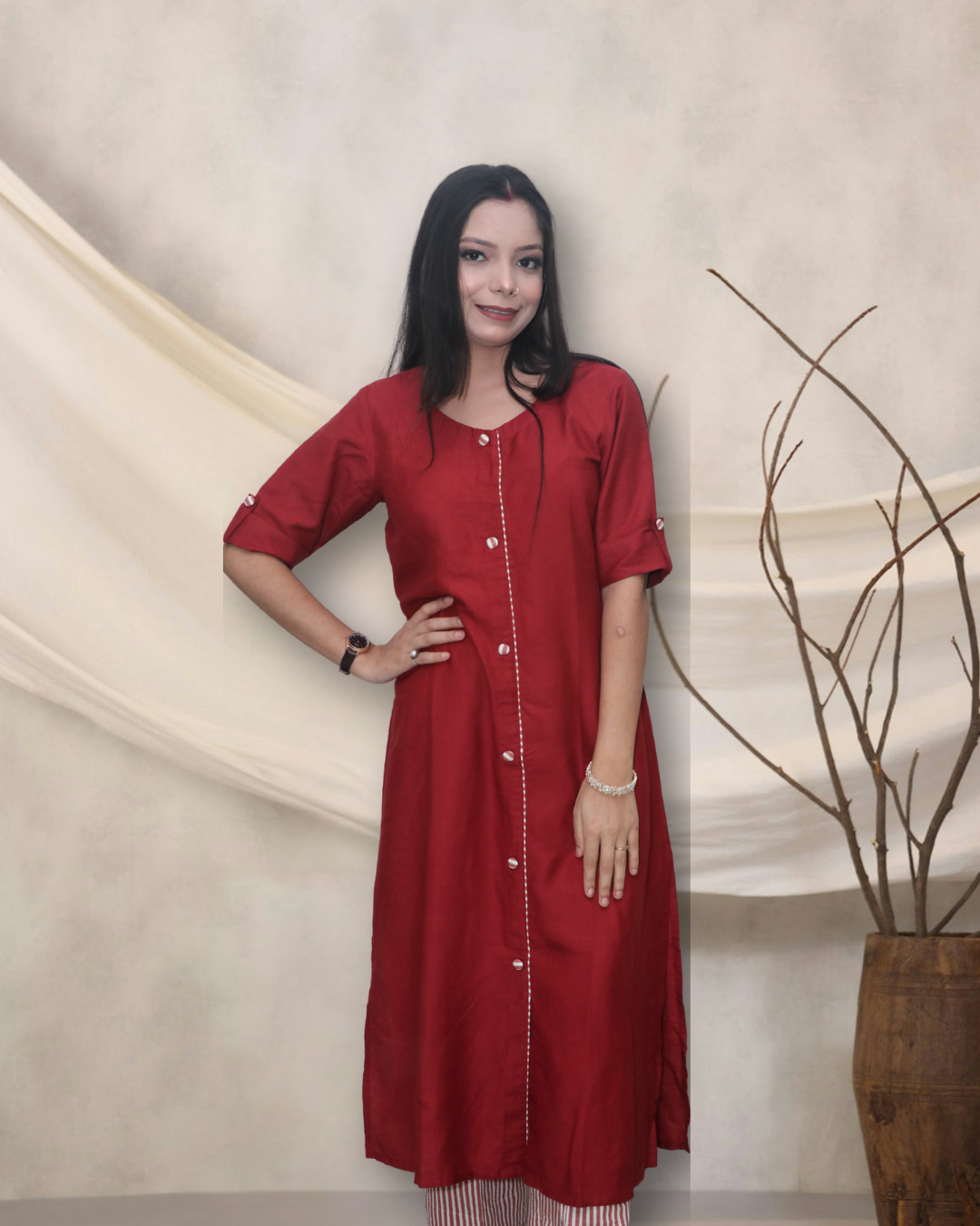 Maroon Camcrib Cotton with Linen Pant kurta set