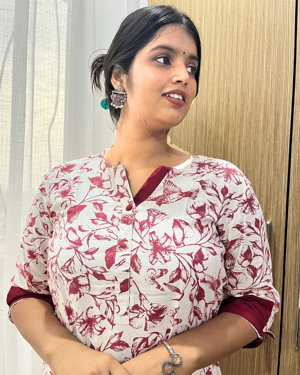 Off-White and Maroon Printed Cotton Kurta Set